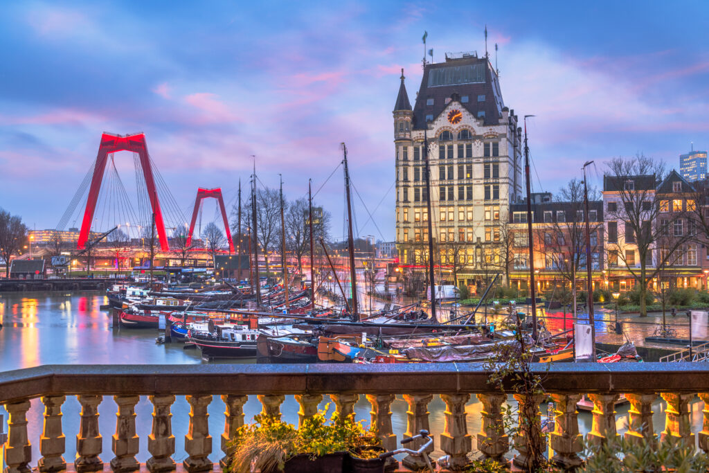 Travel to Rotterdam, Netherlands from Oude Haven Old Port at Twilight.