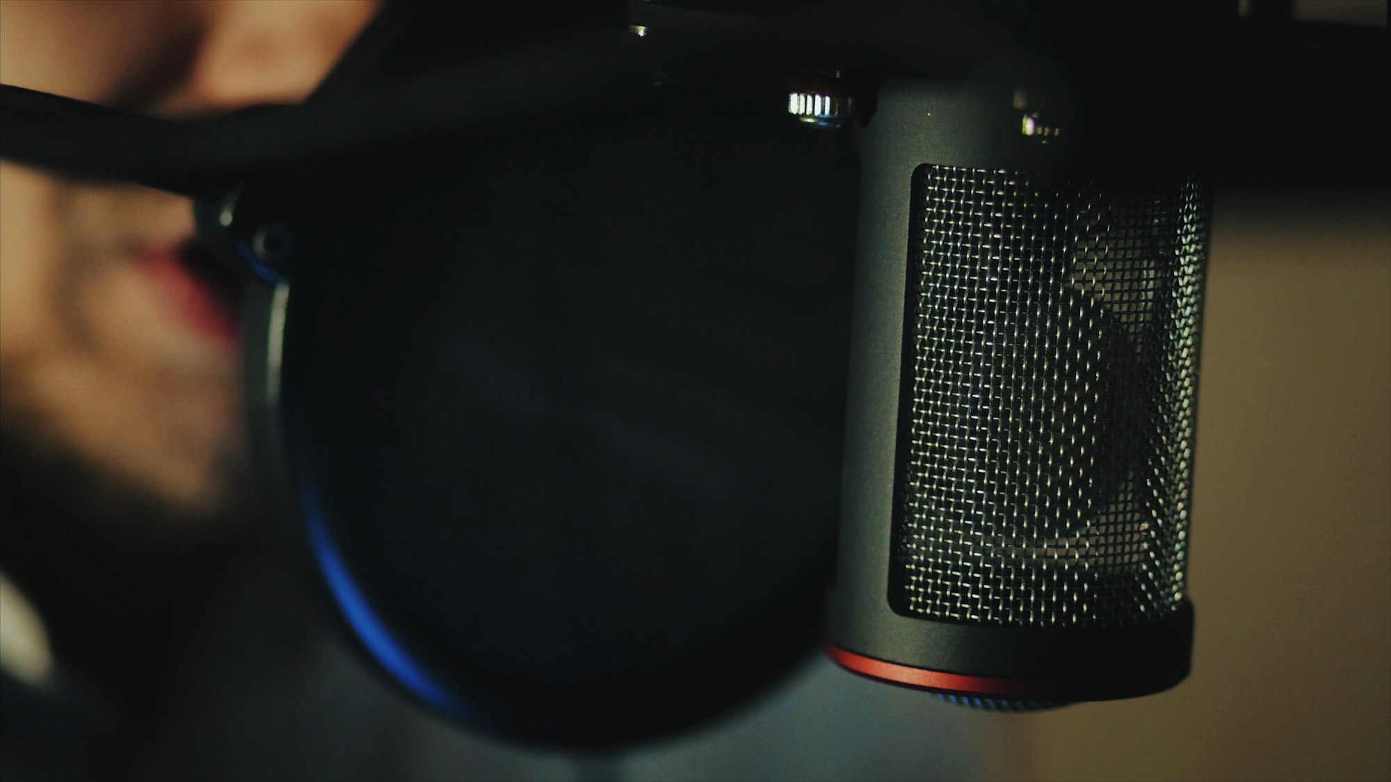 Close up view of microphone in music professional studio. recording a music track, songs, rapping