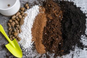 Ingredients for the soil of home potted plants, peat, earth, sand, perlite, vermiculite, coconut. A