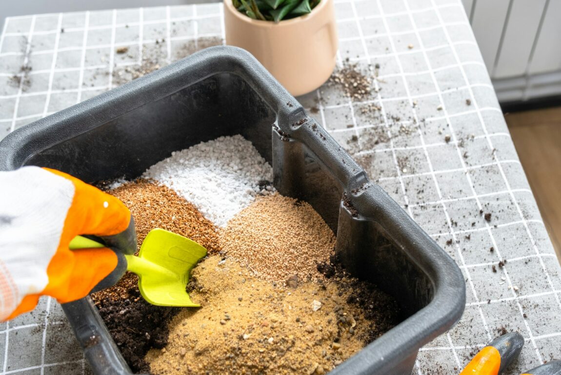 Ingredients for the soil of home potted plants, peat, earth, sand, perlite, vermiculite, coconut. A