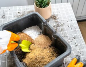 Ingredients for the soil of home potted plants, peat, earth, sand, perlite, vermiculite, coconut. A