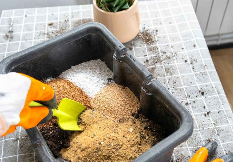 Ingredients for the soil of home potted plants, peat, earth, sand, perlite, vermiculite, coconut. A